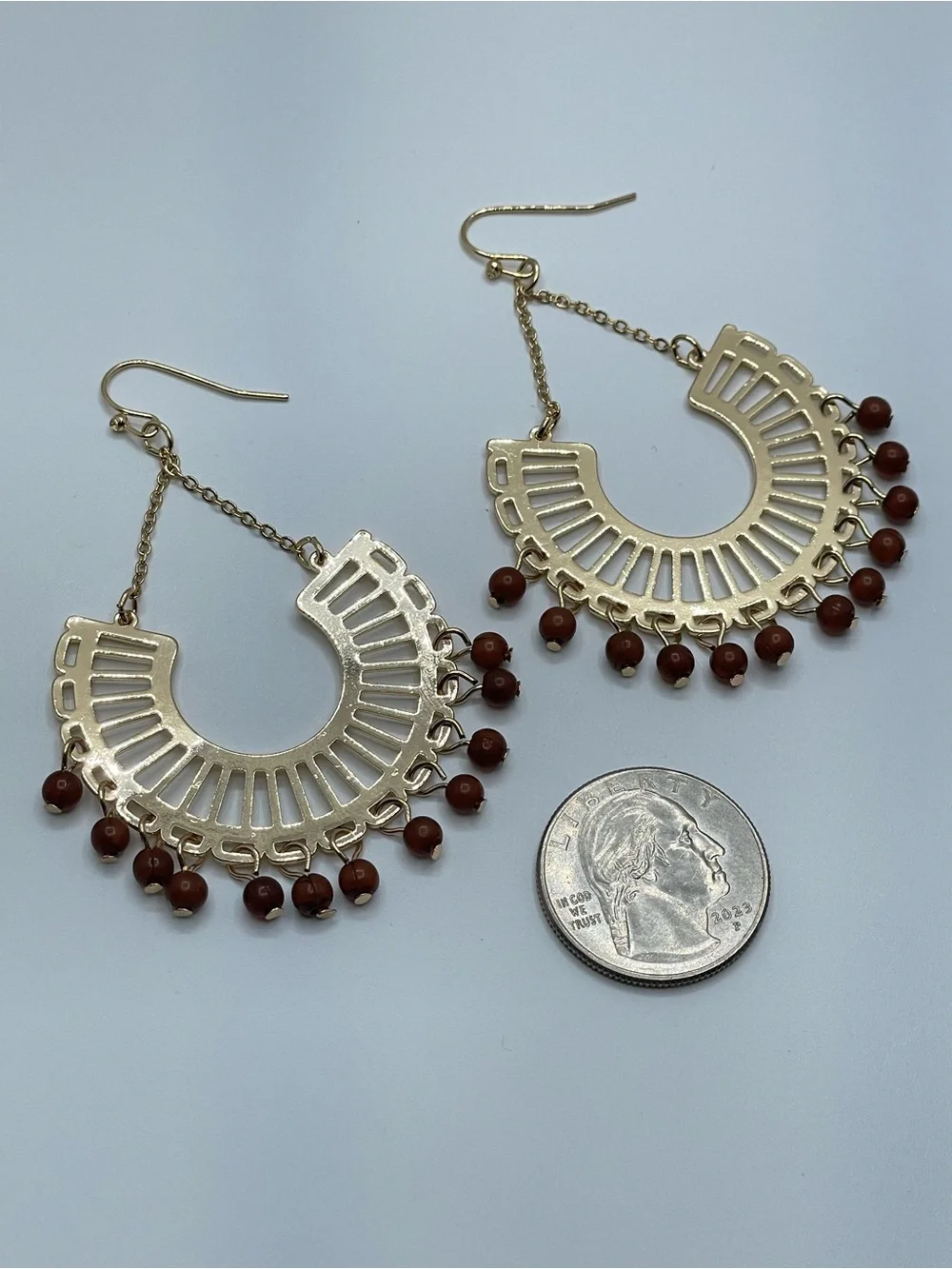 Gold Tone Boho Fan Dangle Earrings Brown Bead Fringe Statement